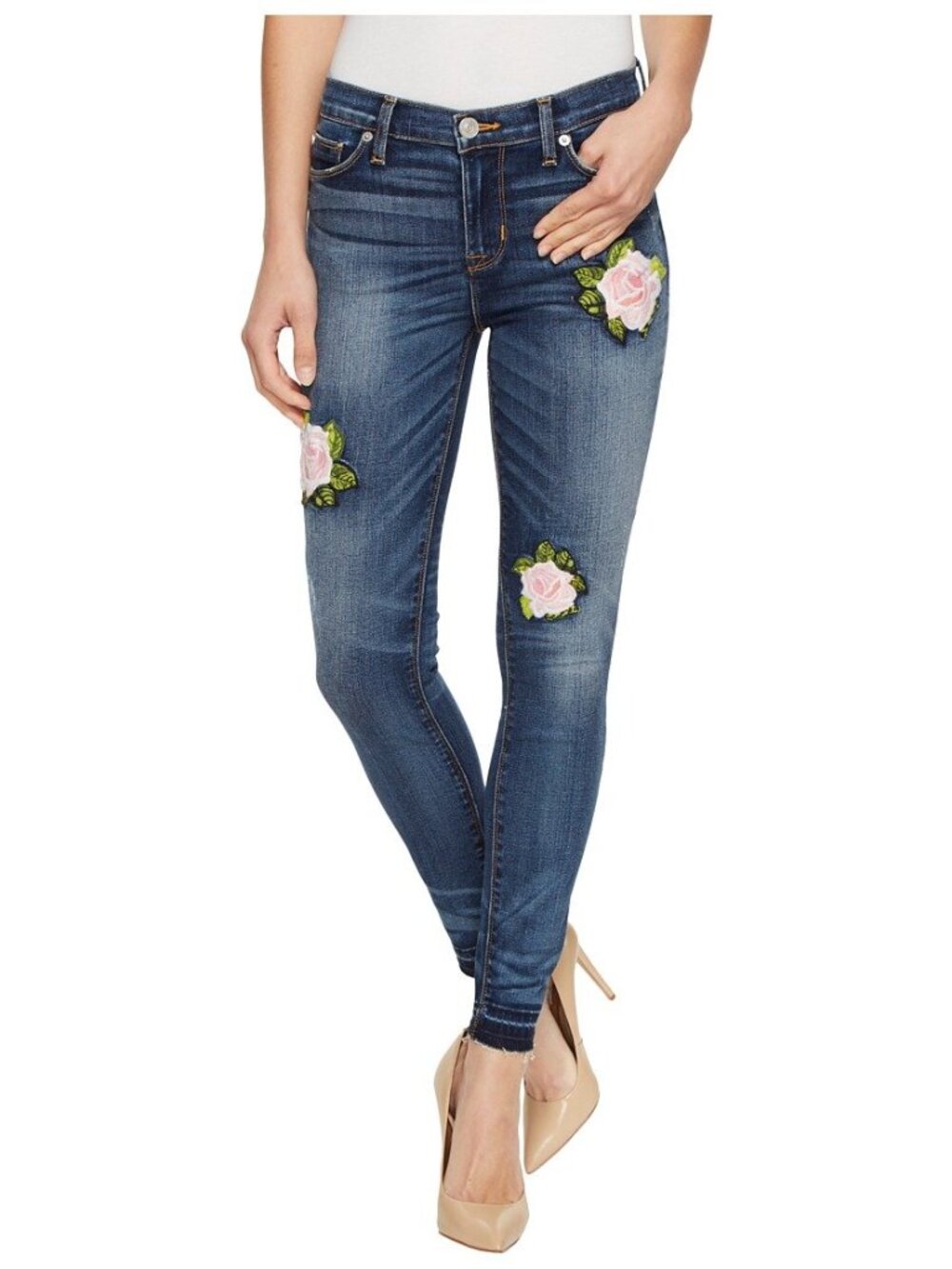 Hudson Women size 27 Nico Midrise Ankle SS w/Rel Hem & Pink Embroidered Roses